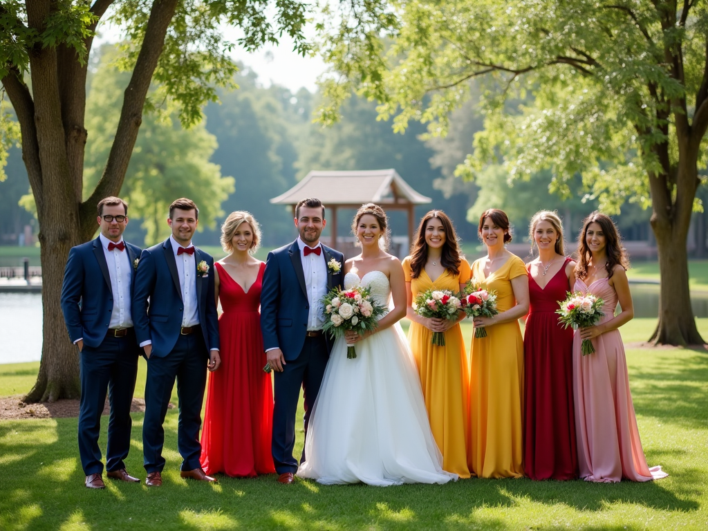 Grupa przyjaciół na weselu stojąca na tle jeziora, mężczyźni w niebieskich garniturach, kobiety w kolorowych sukniach.