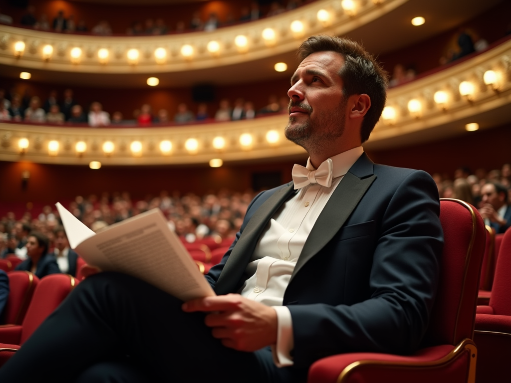 Mężczyzna w smokingu siedzi w teatrze czytając program przed spektaklem.